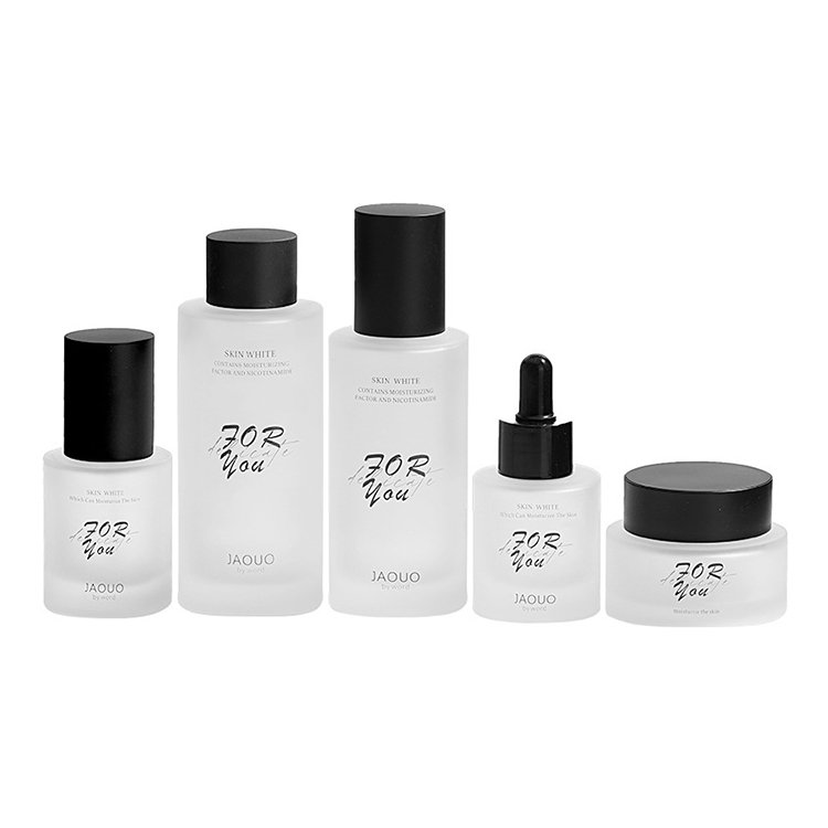Broad Flat Shoulders Cosmetics Cream Frosted glass bottles And Jars With Silk Screen Black LOGO 30g 50g 120ml 150ml glass bottle