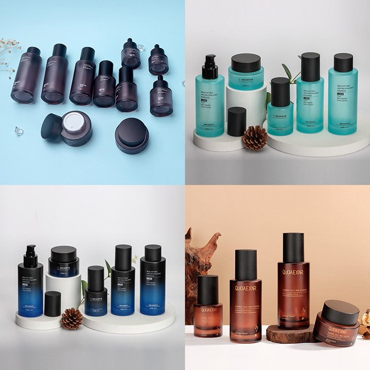 Broad Flat Shoulders Cosmetics Cream Frosted glass bottles And Jars With Silk Screen Black LOGO 30g 50g 120ml 150ml glass bottle