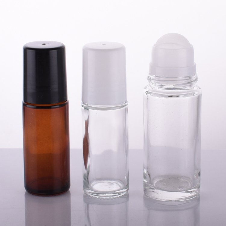 Cylinder empty round 30ml 50ml roll on antiperspirant deodorant perfume glass bottle with plastic roller ball