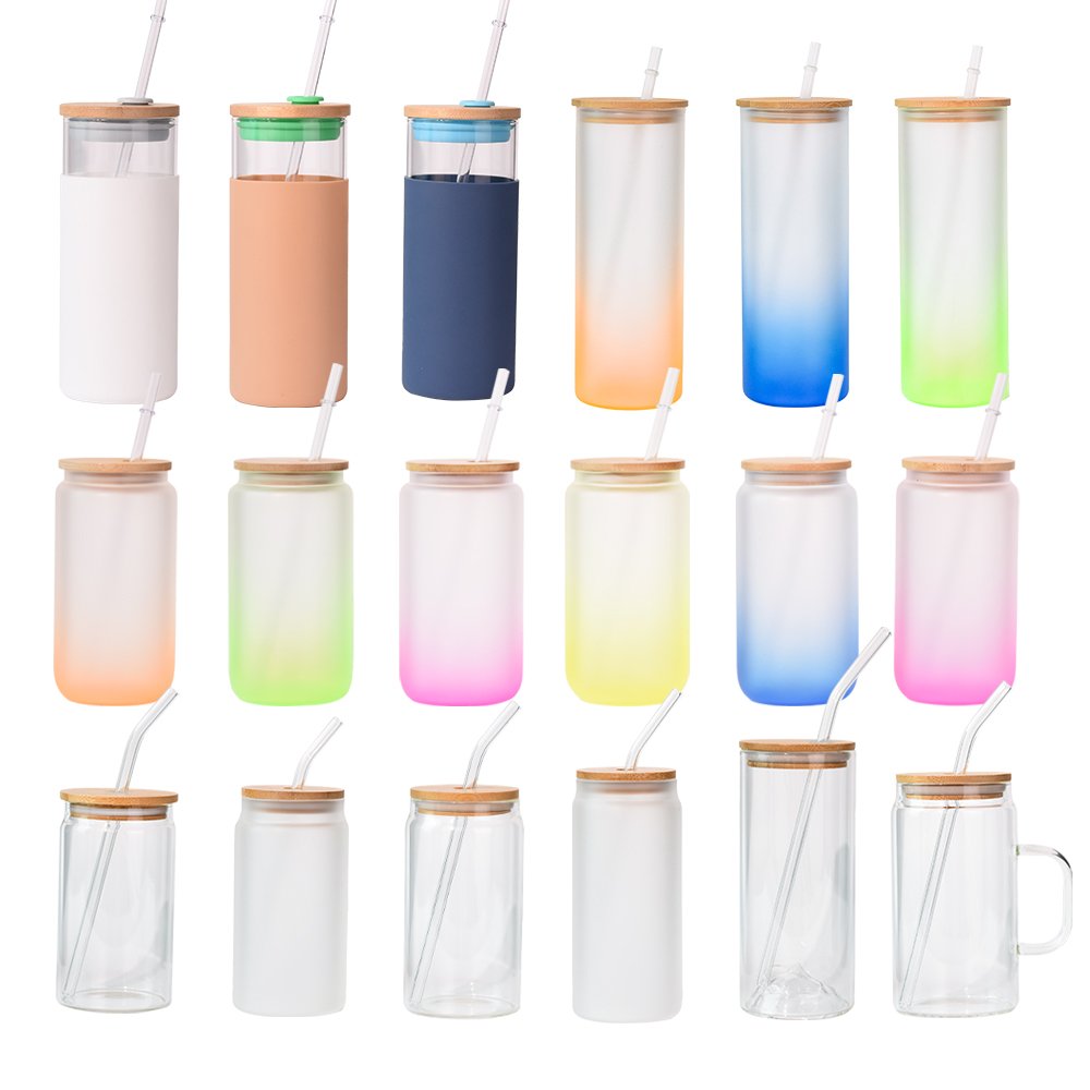 2024 Hot Clear Blank DIY Sublimation Glass Bottle Cola Cup Glass Tumbler with Bamboo Lid and Straw