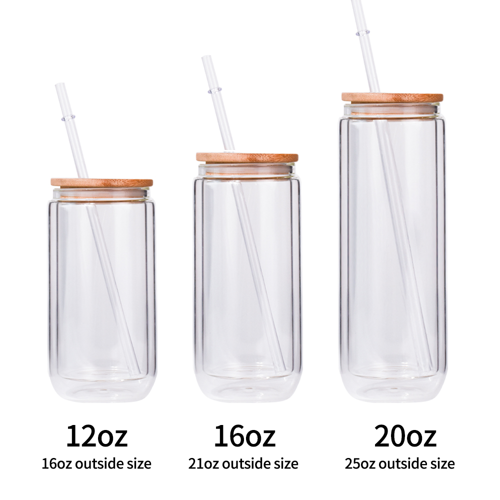 2024 Hot Clear Blank DIY Sublimation Glass Bottle Cola Cup Glass Tumbler with Bamboo Lid and Straw
