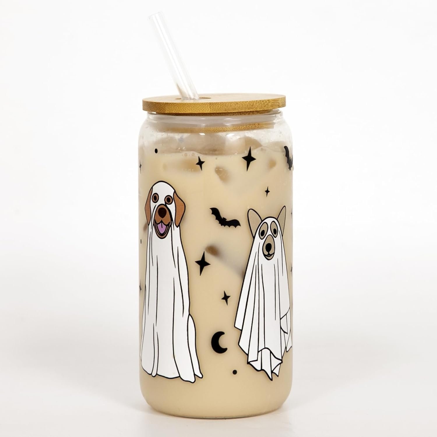Halloween Iced Coffee Can Glass 16oz Halloween Glass Cup with Lid and Straw Halloween Tumbler Beer Can Glass