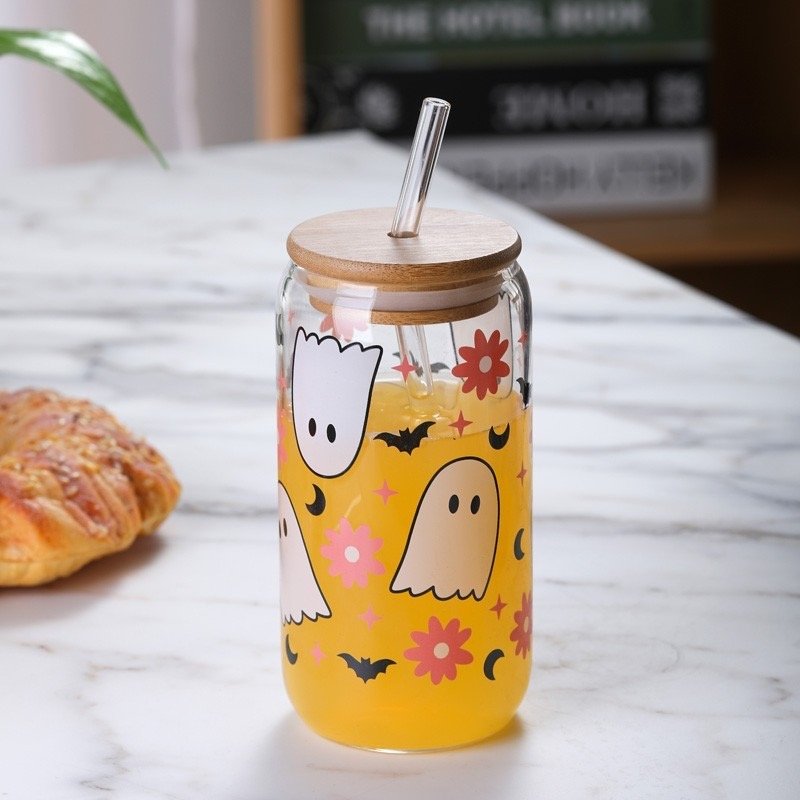 Halloween Iced Coffee Can Glass 16oz Halloween Glass Cup with Lid and Straw Halloween Tumbler Beer Can Glass