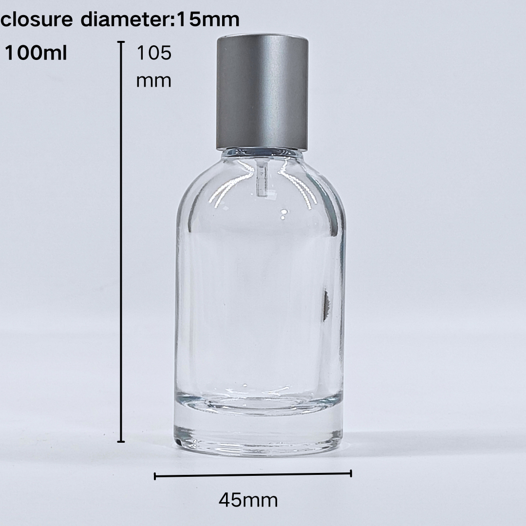 Clear empty cosmetic glass packaging for perfume 50ml glass bottle with spray pump round shape perfume packaging