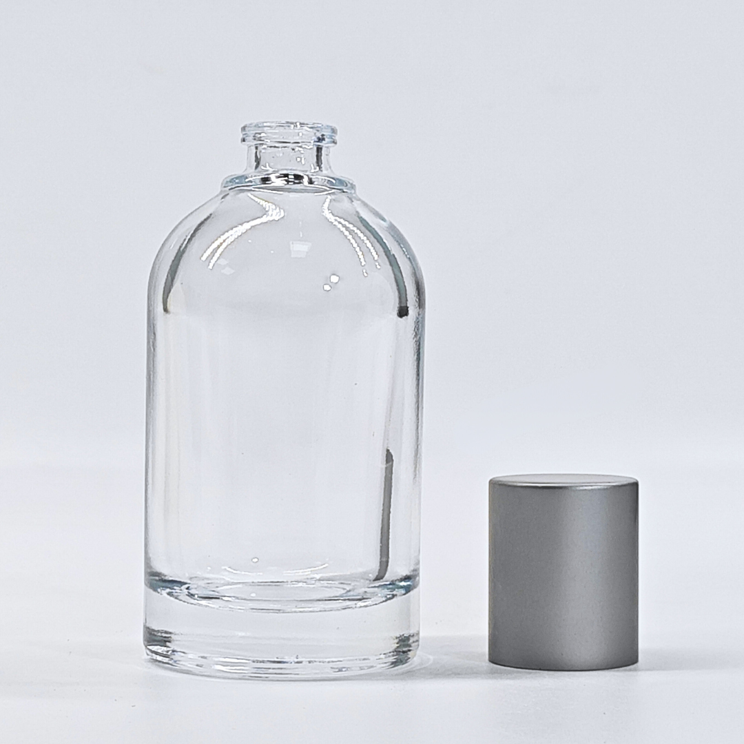 Clear empty cosmetic glass packaging for perfume 50ml glass bottle with spray pump round shape perfume packaging