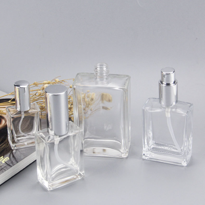 High quality clear flat square empty glass bottle perfumes bottle with pump sprayer