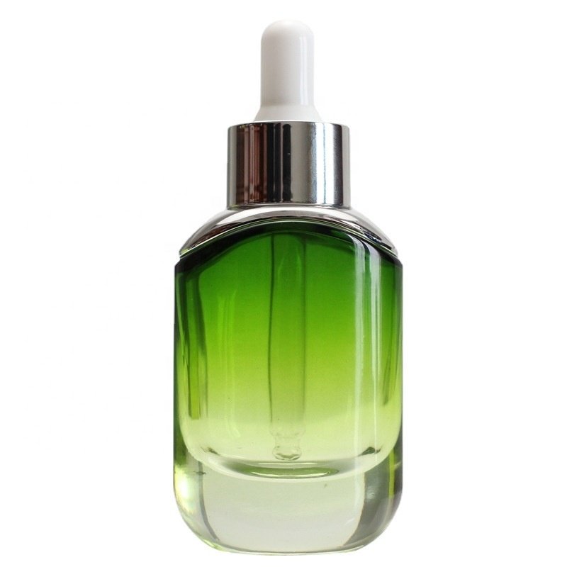 Classic design cosmetic square 15ml 30ml transparent essential oil glass bottle with gold silver aluminum dropper rubber lid