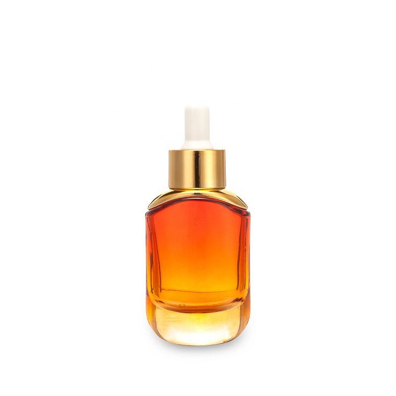 Classic design cosmetic square 15ml 30ml transparent essential oil glass bottle with gold silver aluminum dropper rubber lid