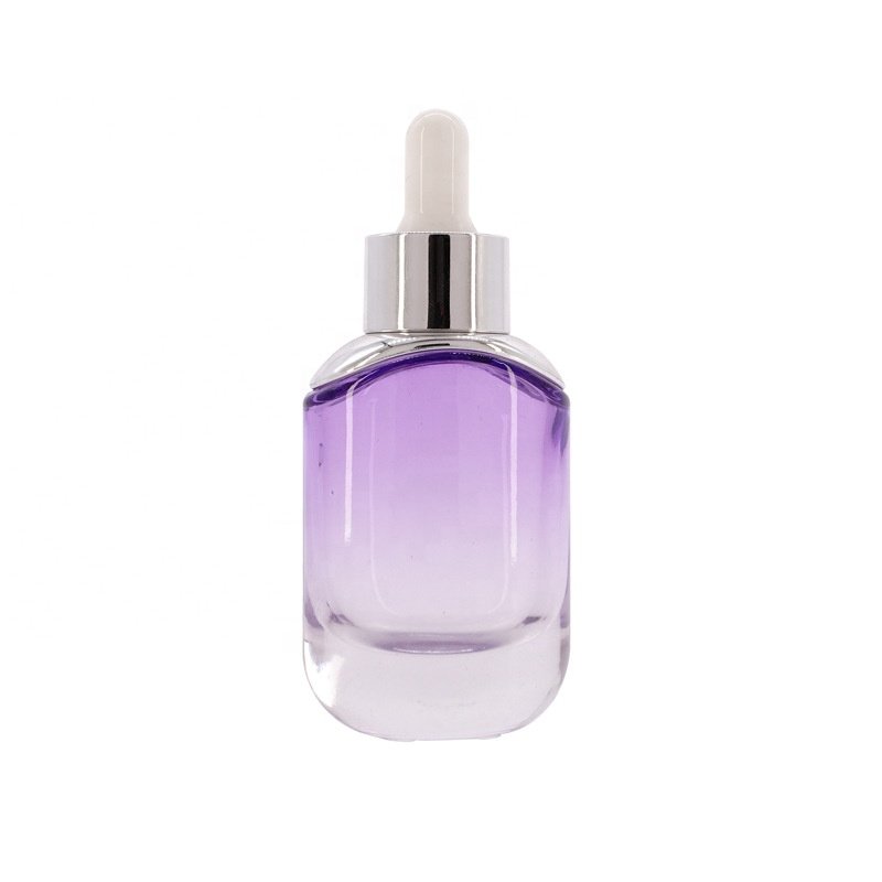 Classic design cosmetic square 15ml 30ml transparent essential oil glass bottle with gold silver aluminum dropper rubber lid