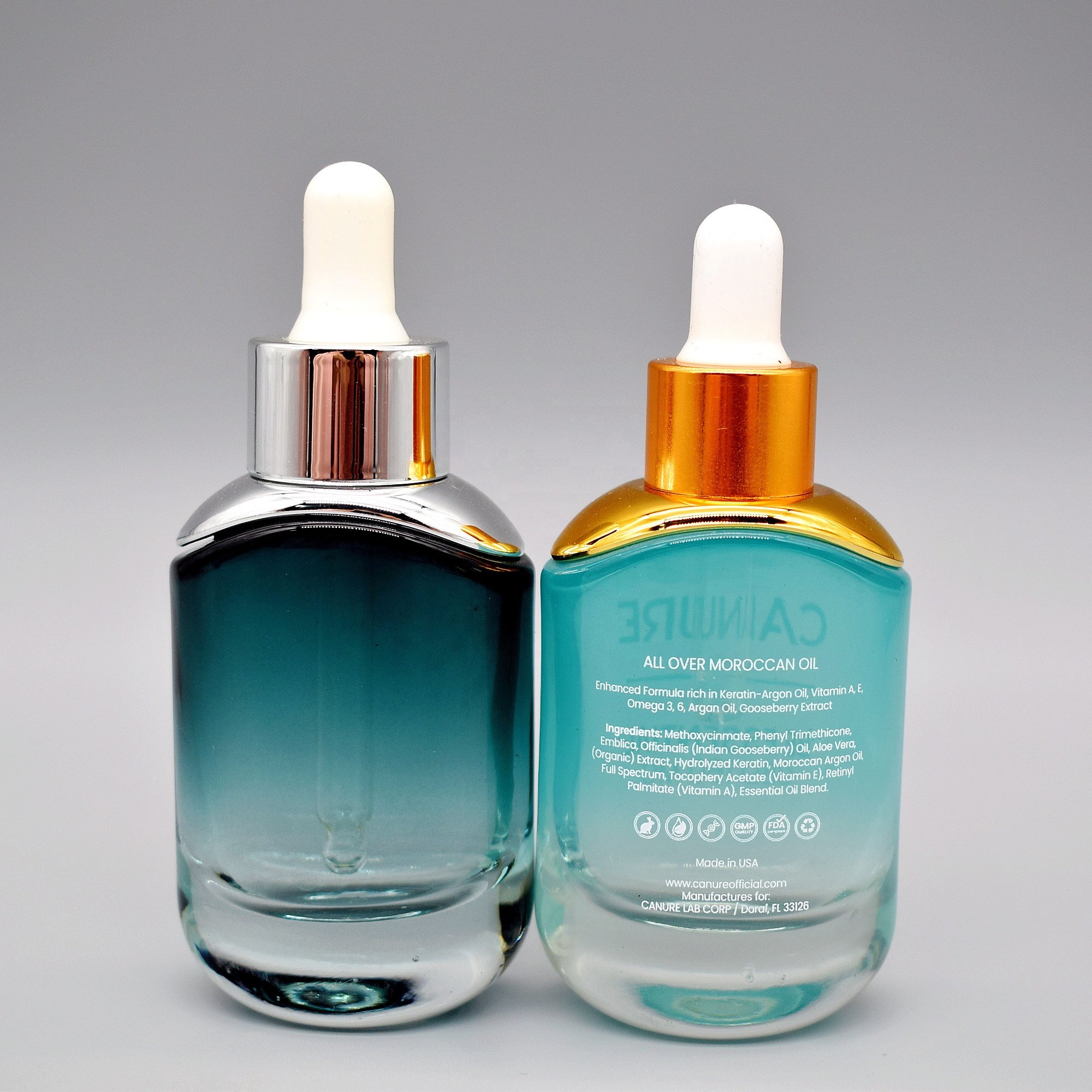 Classic design cosmetic square 15ml 30ml transparent essential oil glass bottle with gold silver aluminum dropper rubber lid