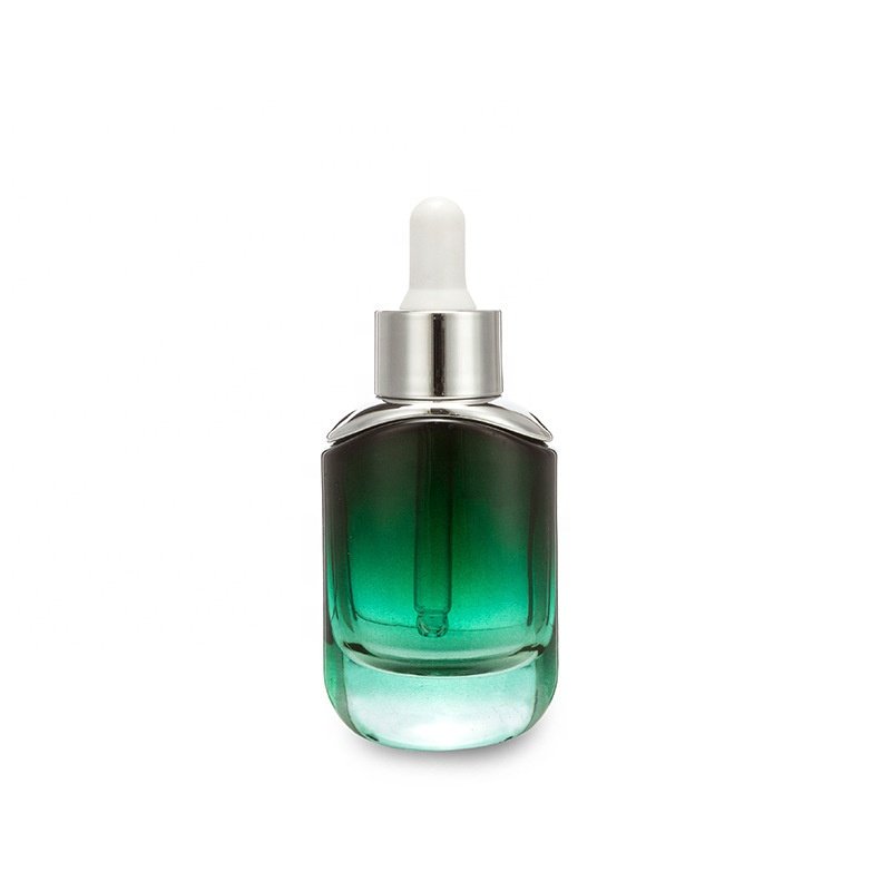 Classic design cosmetic square 15ml 30ml transparent essential oil glass bottle with gold silver aluminum dropper rubber lid