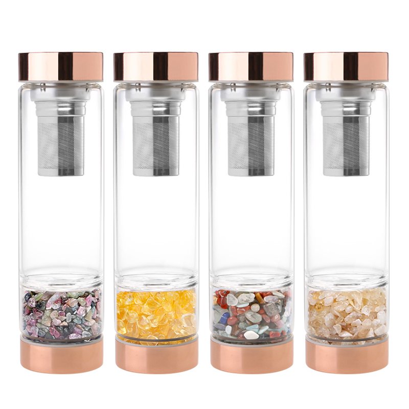 Energy Healing Crystal Water Bottle, Gemstone Tea Infused Water Bottle, Rose Quartz Natural Stone Elixir Crystal Bottle