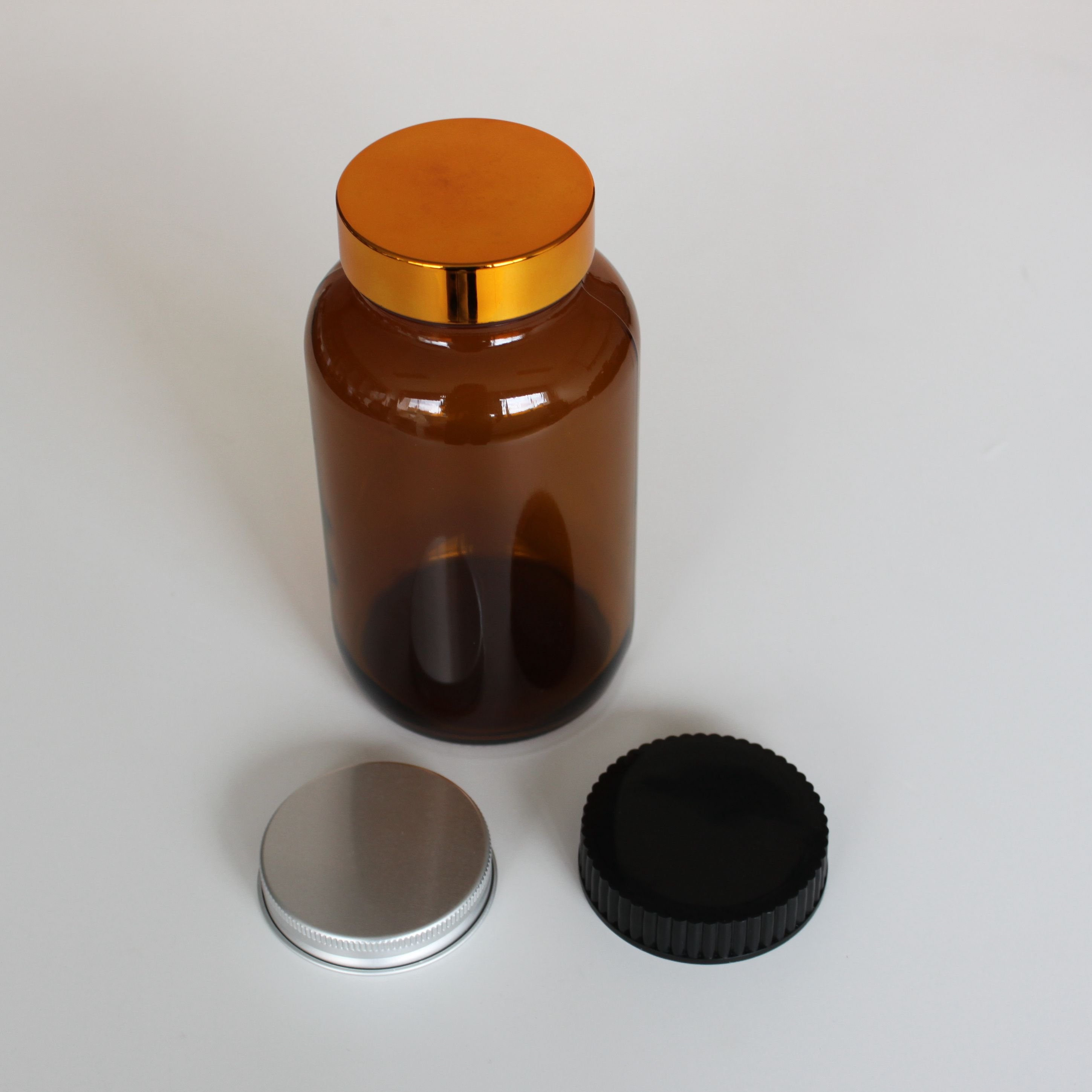 150cc 200cc 250cc Capsule Amber Glass Bottle With Metal Lid For Supplement Factory