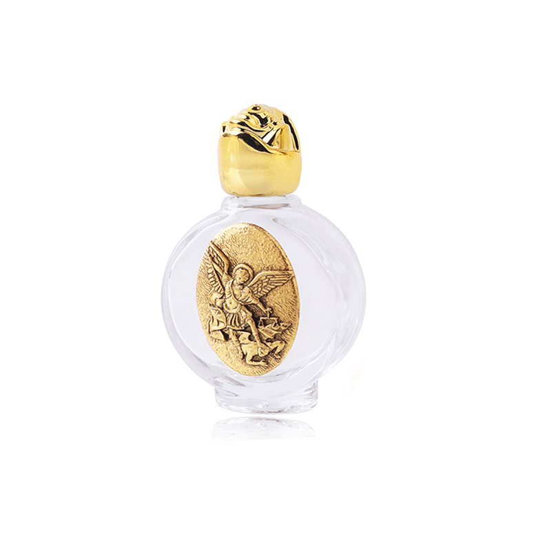 Church Gift Religious Catholic 15ml Small Holy Water Glass Bottle with Gold Color Statue St. Michael, Virgin Mary, St. Be