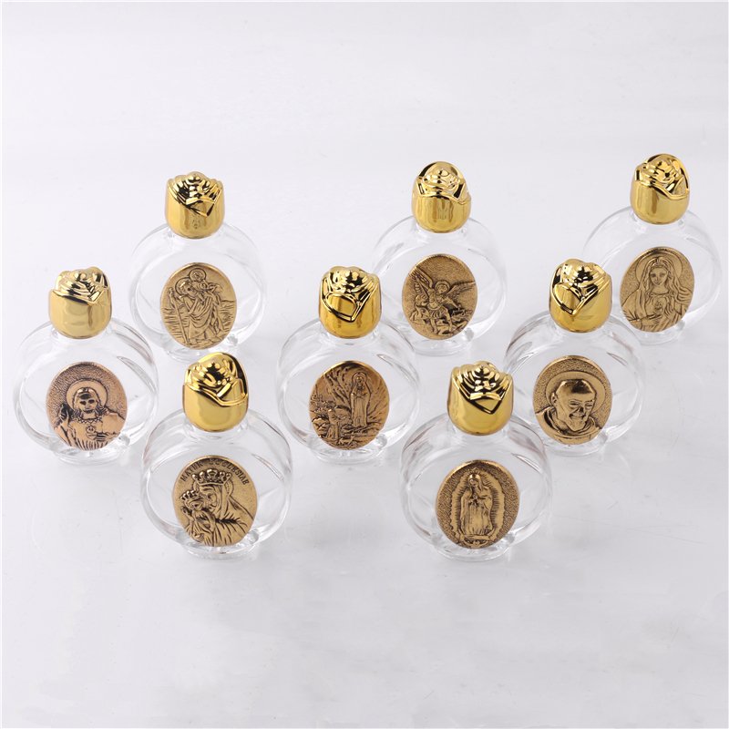 Church Gift Religious Catholic 15ml Small Holy Water Glass Bottle with Gold Color Statue St. Michael, Virgin Mary, St. Be