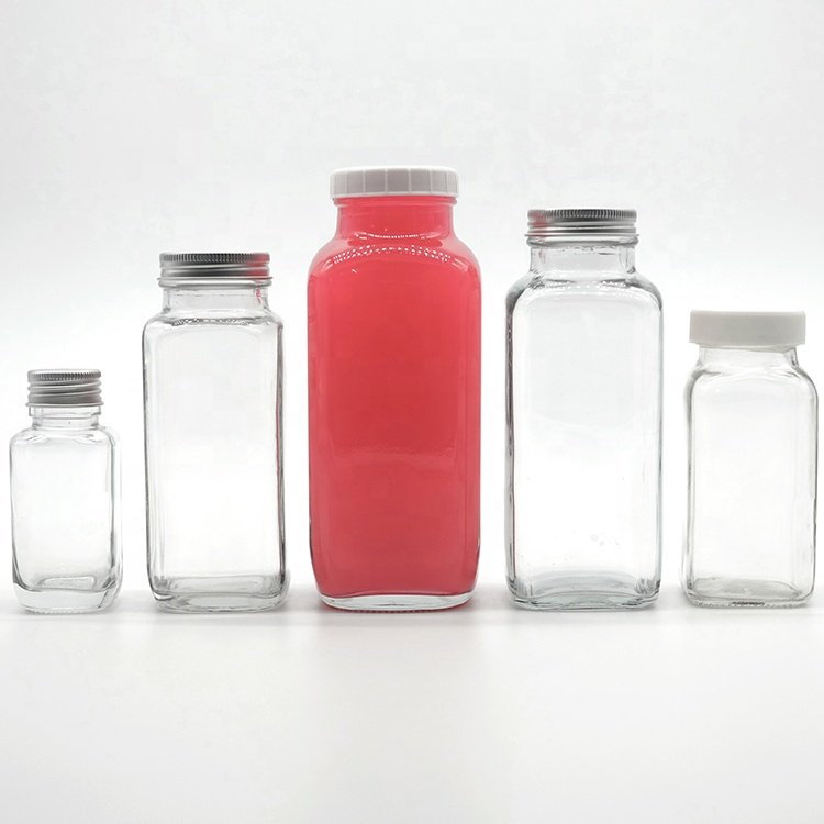 Custom 250ml 350ml 500ml Clear French Square Glass Bottles Fruit Juice Cold Press Decal Surface Handling Glass Jars