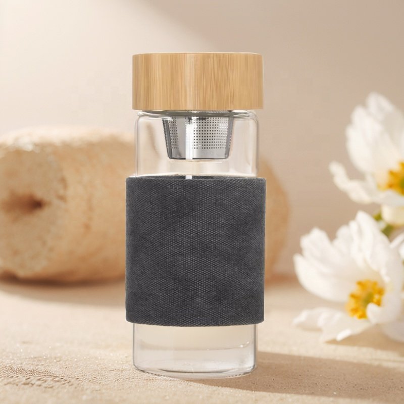 Hot Sale 450ml Bamboo Cover Double Wall Glass Water Bottle With Tea Cup Infuser tea mugs cups with infuser and lid