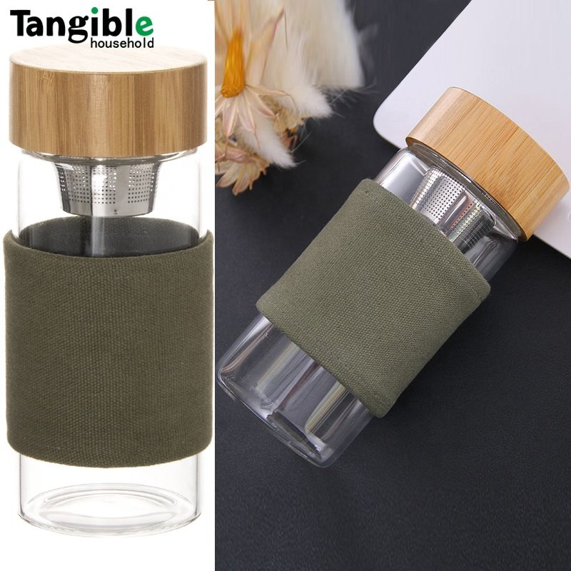 Hot Sale 450ml Bamboo Cover Double Wall Glass Water Bottle With Tea Cup Infuser tea mugs cups with infuser and lid