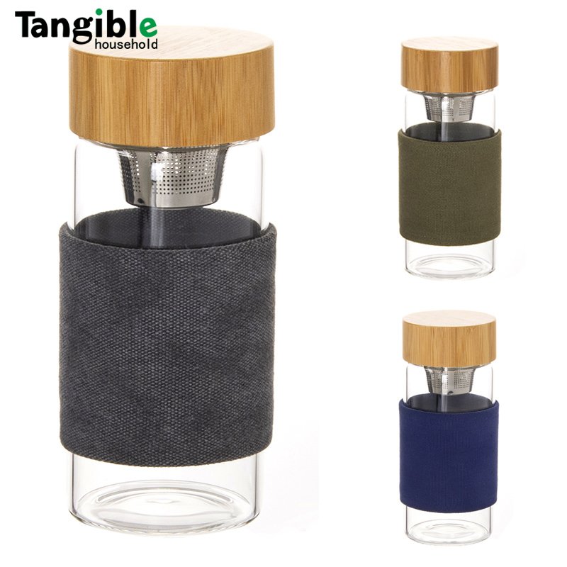 Hot Sale 450ml Bamboo Cover Double Wall Glass Water Bottle With Tea Cup Infuser tea mugs cups with infuser and lid