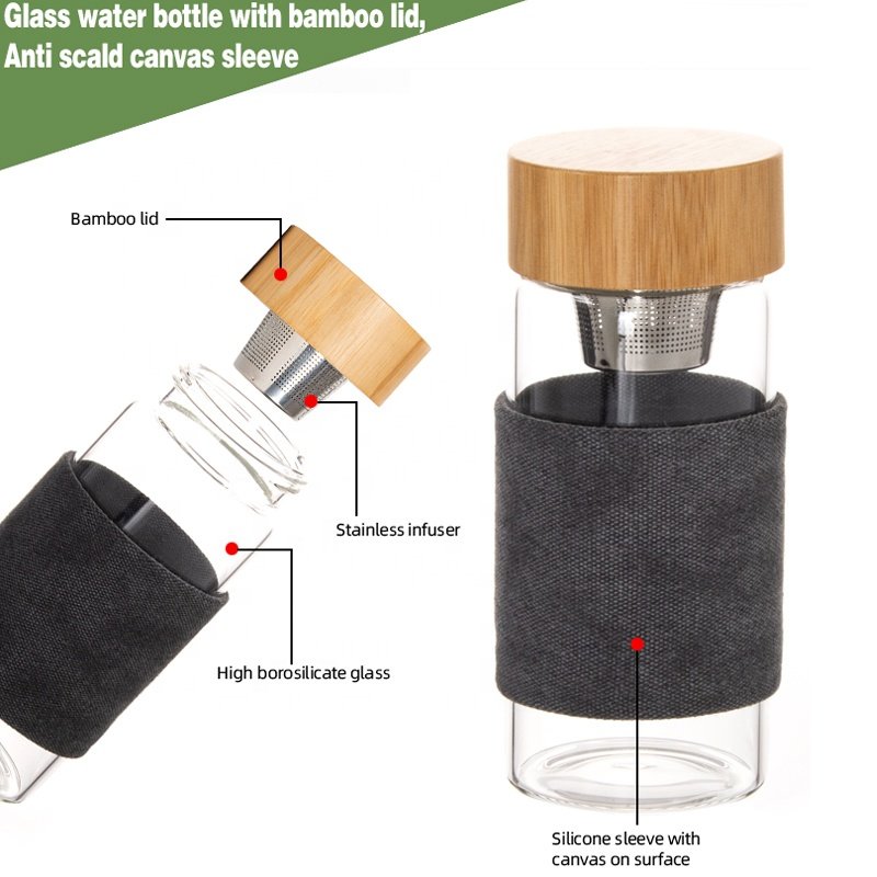 Hot Sale 450ml Bamboo Cover Double Wall Glass Water Bottle With Tea Cup Infuser tea mugs cups with infuser and lid