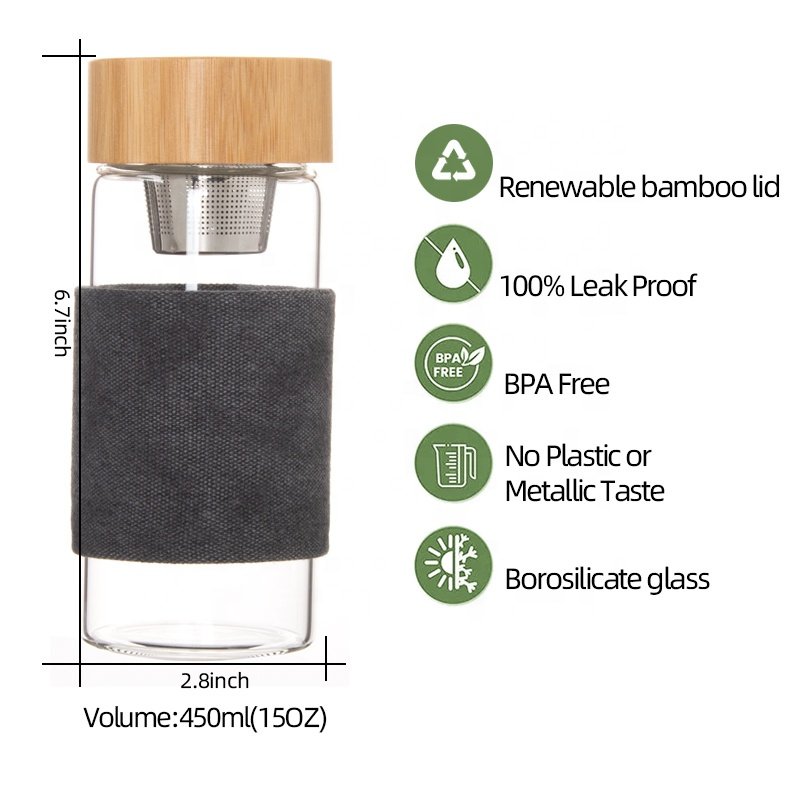 Hot Sale 450ml Bamboo Cover Double Wall Glass Water Bottle With Tea Cup Infuser tea mugs cups with infuser and lid