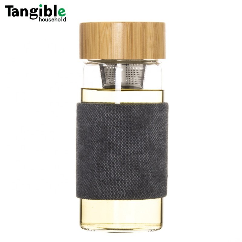 Hot Sale 450ml Bamboo Cover Double Wall Glass Water Bottle With Tea Cup Infuser tea mugs cups with infuser and lid