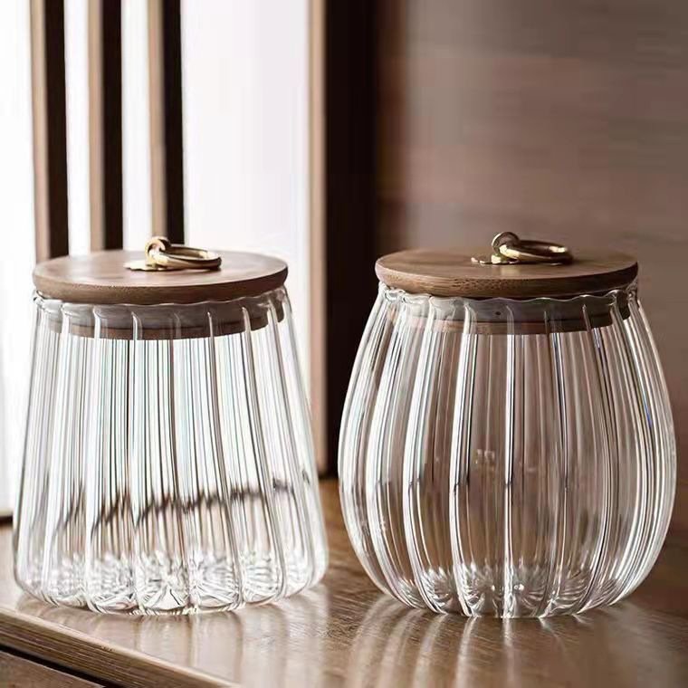 2024 Factory Glass Sealed Jar Kitchen Grain Dried Fruit Storage Bottle Bamboo Wood Lid With Spoon Household Clear Glassware