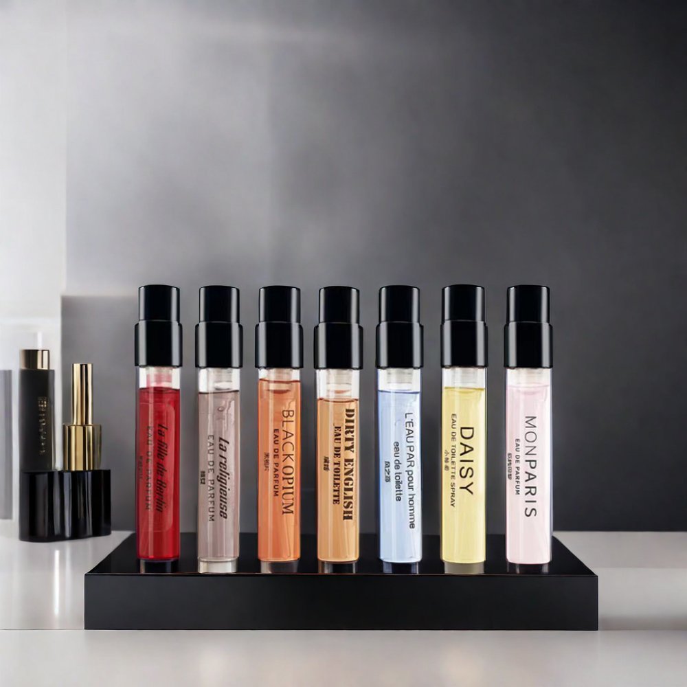 Wholesale Mini Glass Vials 1ml 2ml 2.5ml Perfume Sample Spray Tester Bottles Black Cover Low MOQ Stock Screen Printing Logo