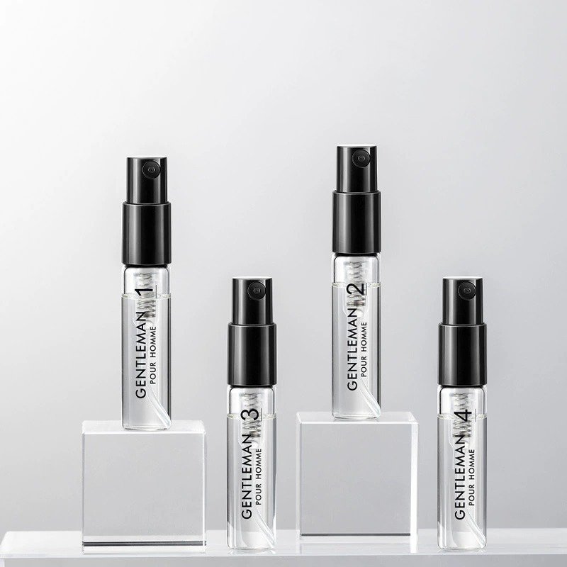 Wholesale Mini Glass Vials 1ml 2ml 2.5ml Perfume Sample Spray Tester Bottles Black Cover Low MOQ Stock Screen Printing Logo
