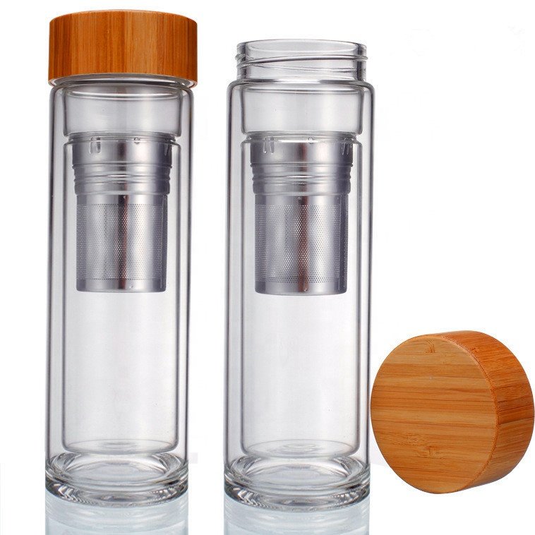 Eco bamboo lid 750ml insulated double wall glass water bottle with stainless steel tea infuser
