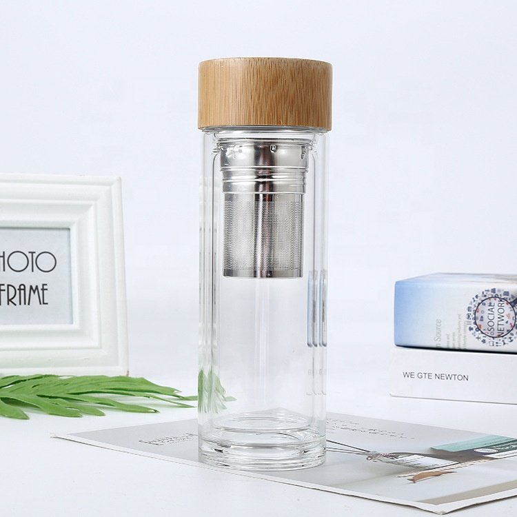 Eco bamboo lid 750ml insulated double wall glass water bottle with stainless steel tea infuser