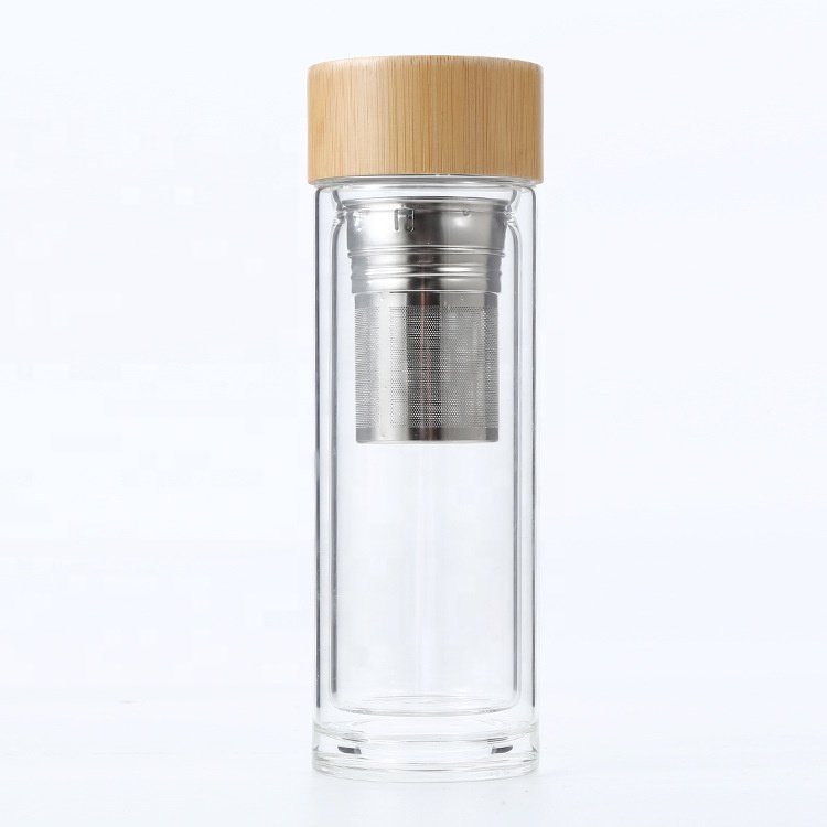 Eco bamboo lid 750ml insulated double wall glass water bottle with stainless steel tea infuser