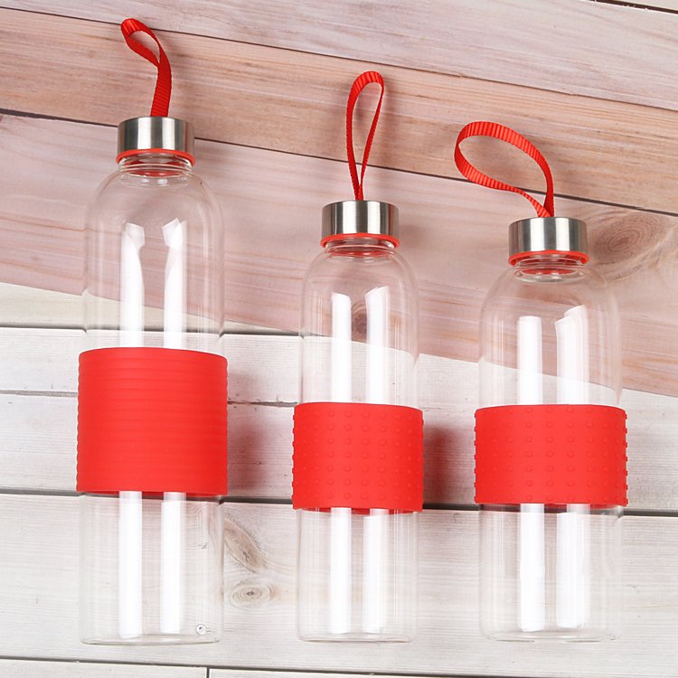 550ml / 750ml / 1000ml Sport Drinking Glass Water Bottle with Silicone Sleeve and Stainless Steel Lid