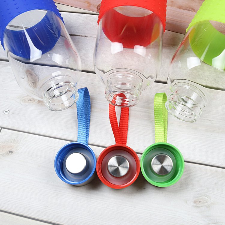 550ml / 750ml / 1000ml Sport Drinking Glass Water Bottle with Silicone Sleeve and Stainless Steel Lid