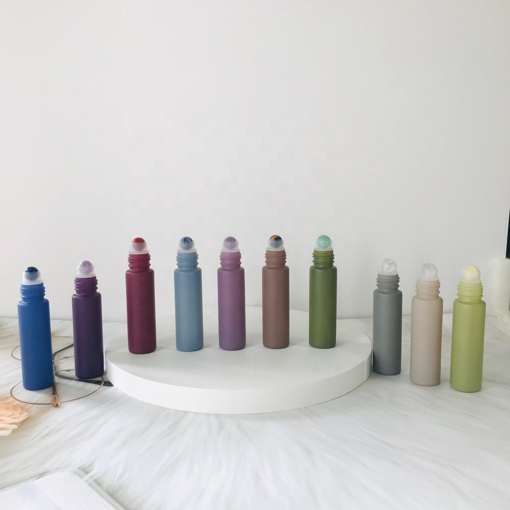 Wholesale 10ml Morandi matte colored essential oil gemstone roll on glass bottles with real bamboo cap