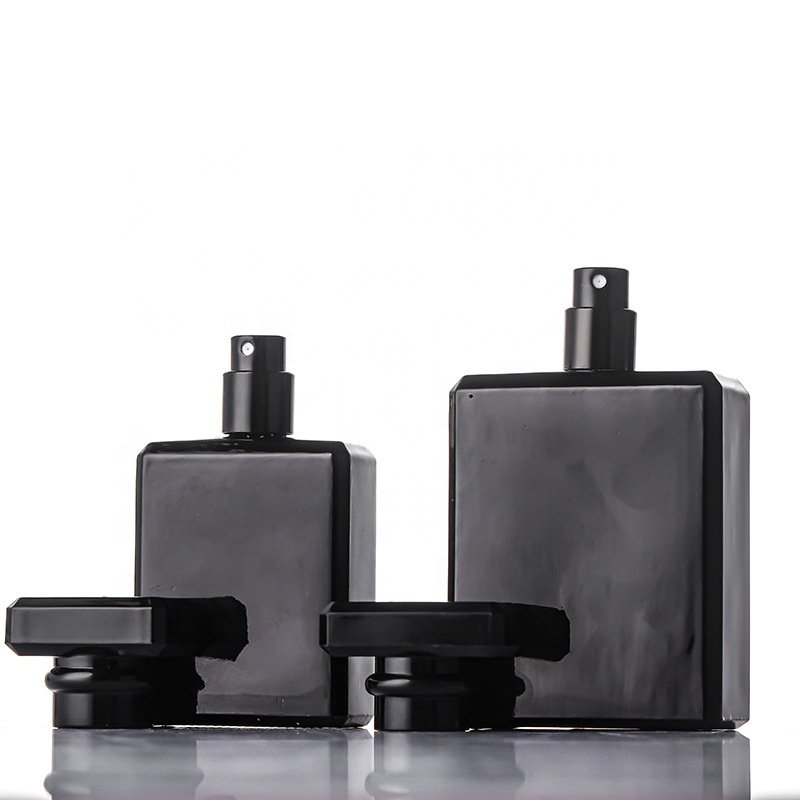 Cosmetic empty glass bottles 50ml 100ml square black matte glass perfume bottles fragrance lotion glass spray bottle with cap