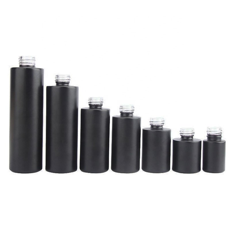 Fancy empty cylinder round 30ml 50ml 60ml 100ml 120ml matte black glass cosmetic emulsion bottles packaging with pump (GLC09)
