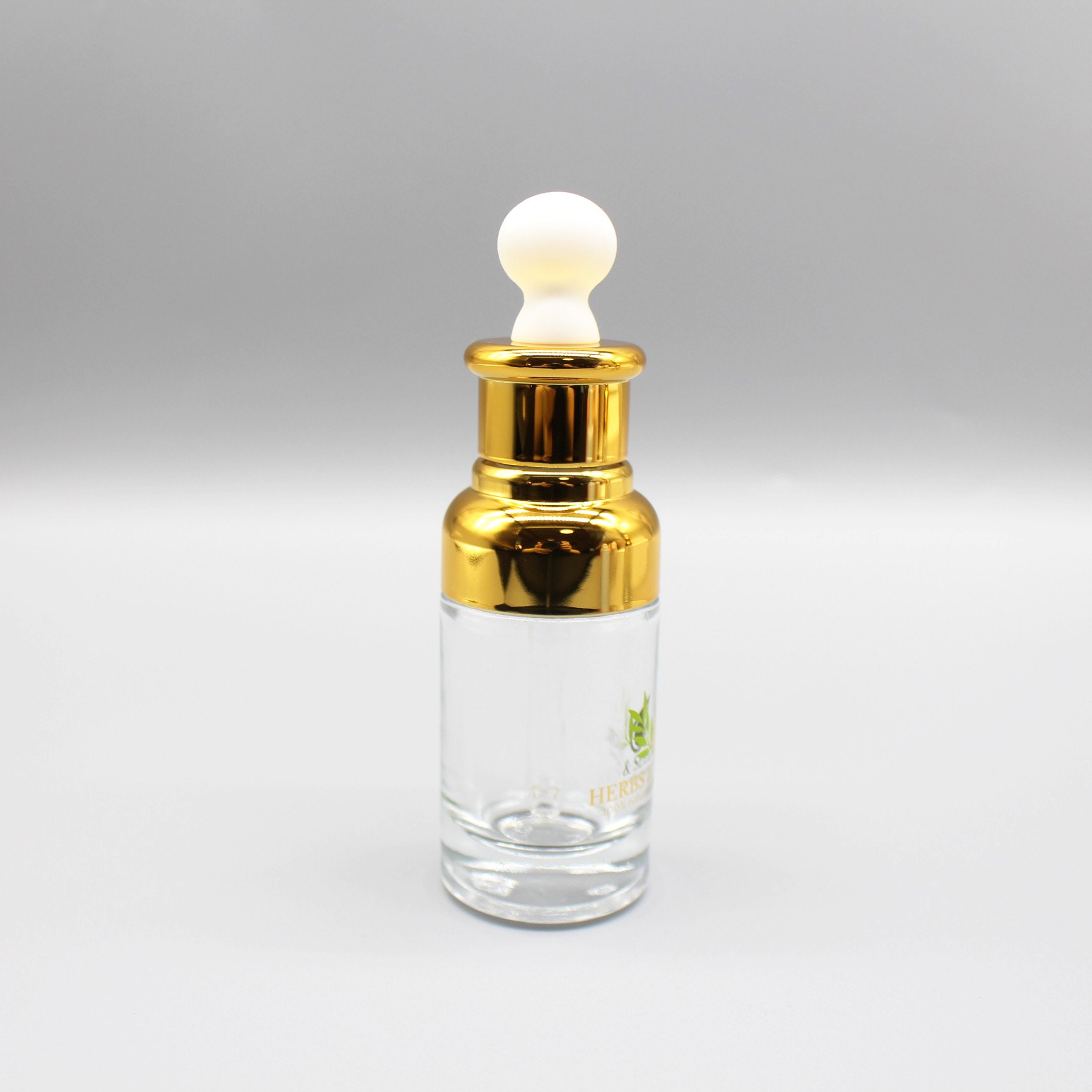 Top grade cosmetics 30ml essence stock bottle cover shoulder dropper essential oil glass bottle with paper box