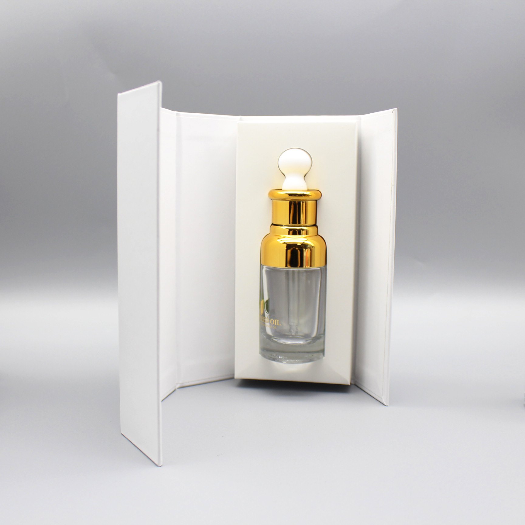 Top grade cosmetics 30ml essence stock bottle cover shoulder dropper essential oil glass bottle with paper box