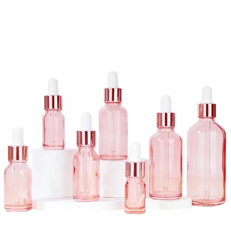 Round Oil Pink Serum Glass 2oz Dropper Bottle 30ml 100ml Eye Rose Gold Dropper Glass Bottle Pink Dropper Bottle For Cosmetic