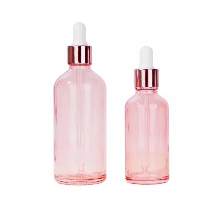 Round Oil Pink Serum Glass 2oz Dropper Bottle 30ml 100ml Eye Rose Gold Dropper Glass Bottle Pink Dropper Bottle For Cosmetic