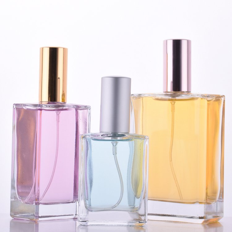 wholesale empty square 30ml 50ml 100ml rectangle screw cap perfume bottles with gold silver black spray cover