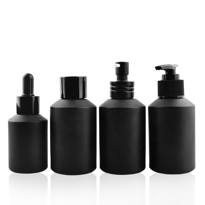 15ml 30ml 60ml 100ml 120ml 200ml glass dropper pump spray bottles jars cosmetic packaging black matte frosted glass bottle
