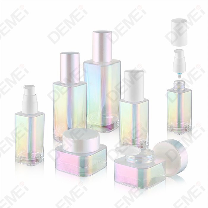 DEMEI 40ml 80ml 110ml luxury holographic electronic plating square glass lotion bottle with plastic white pump