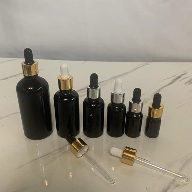 Hengjian 5ml 10ml 15ml 20ml 30ml 50ml 100ml shiny black glass serum dropper bottle with cap for cosmetic essential oil