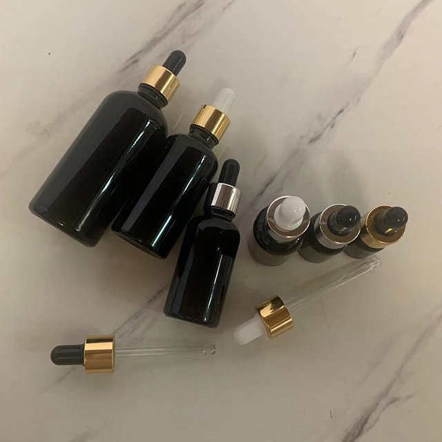 Hengjian 5ml 10ml 15ml 20ml 30ml 50ml 100ml shiny black glass serum dropper bottle with cap for cosmetic essential oil