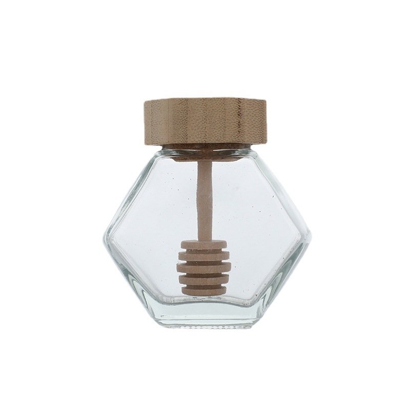 Honey Jar with Dipper Kitchen&tabletop Honey Glass Bottle Hot Selling Hexagon Shaped Wood Lid Glass Kitchen Wedding Food Clear