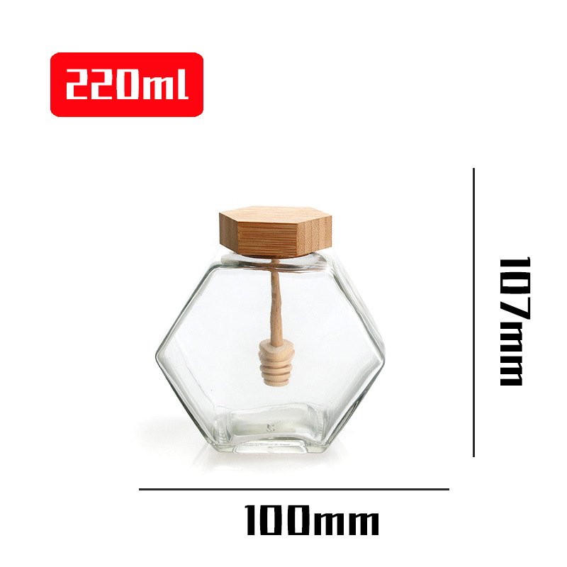 Honey Jar with Dipper Kitchen&tabletop Honey Glass Bottle Hot Selling Hexagon Shaped Wood Lid Glass Kitchen Wedding Food Clear