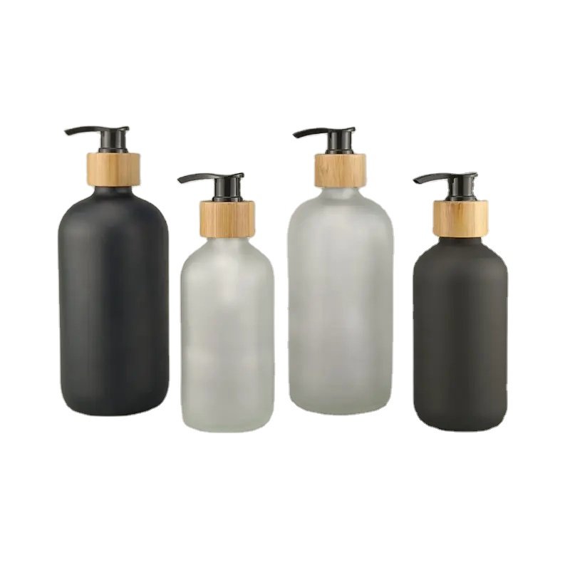 Amber Boston round glass bottle hand soap1 oz 2 oz 4 oz 8 oz 16 oz glass bottle with bamboo pump for hand washing