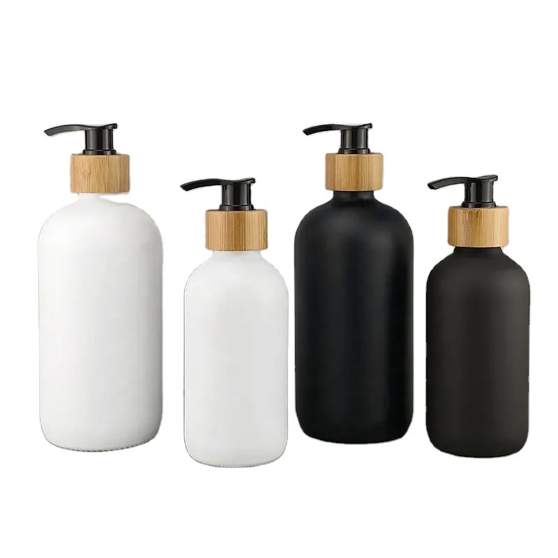 Amber Boston round glass bottle hand soap1 oz 2 oz 4 oz 8 oz 16 oz glass bottle with bamboo pump for hand washing